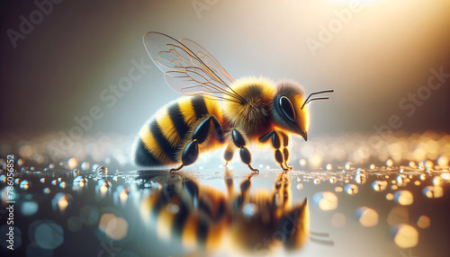 honeybee with yellow and black stripes, with realistic fuzzy texture, sitting on a reflective wet surface © CHOI POO
