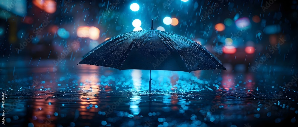 Sci-Fi Umbrella Amidst Neon Rain. Concept Cyberpunk, Futuristic, Neon Lights, Rainy Days, Sci-Fi Extravaganza