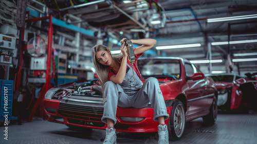 Woman Sitting on Hood of Red Car