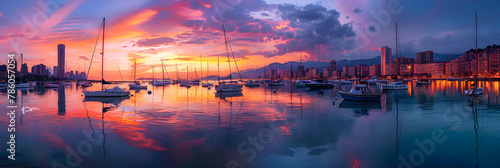 Mesmerizing Twilight Serenity: Coastal Cityscape Under a Spectacular Sunset