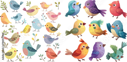 Elements for childish poster set. Bird nature drawing, fauna animal natural zoo illustration