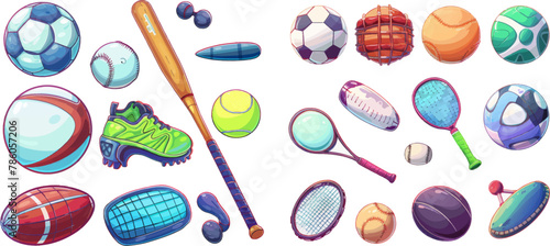 Sport equipment. Cartoon balls and gaming item for hockey, rugby, baseball and tennis racket