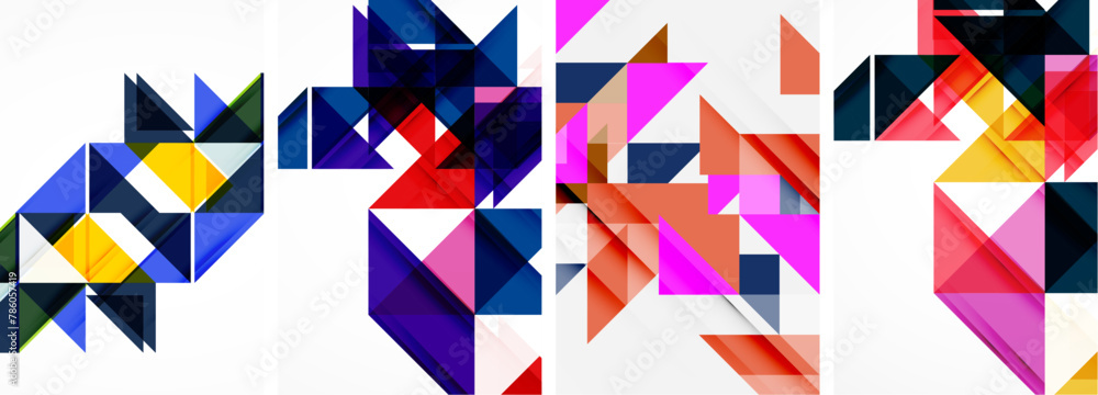 A vibrant and creative art piece featuring a colorful geometric pattern of triangles, rectangles, and symmetry in shades of purple, violet, and magenta on a white background A vibrant and creative art piece featuring a colorful geometric pattern of triangles, rectangles, and symmetry in shades of purple, violet, and magenta on a white background