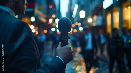 Journalist with microphone at the camera in the city