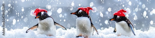 A trio of festive penguin ornaments waddling against a crisp arctic-white background. photo