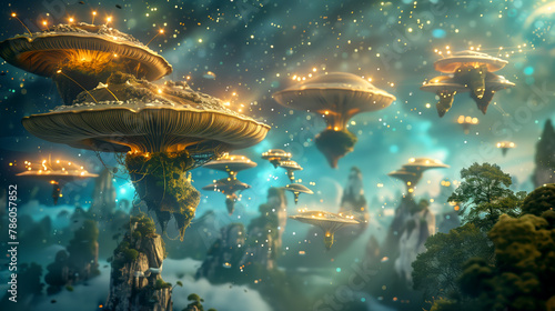 A cosmic landscape with floating islands of toxic mushrooms, golden spore particles in the air