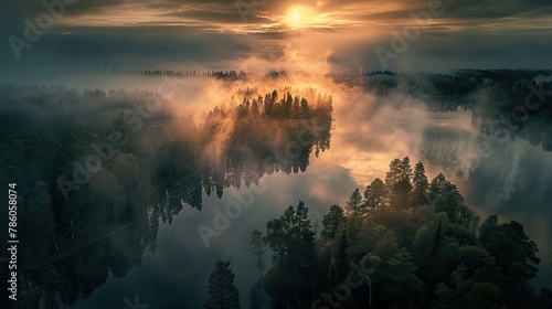 Fog lake and forest landscape  aerial view