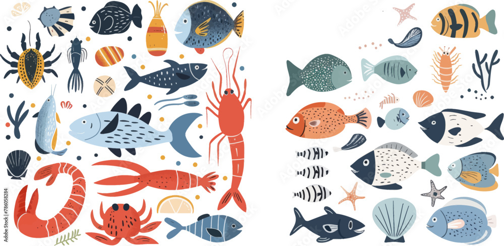 Seafood minimalistic poster. Abstract cartoon fish shellfish elements