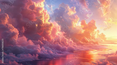 Imagine a serene but dynamic 3D environment where soft pastel clouds float in a multicolor sky, creating a peaceful yet mesmerizing visual symphony.
