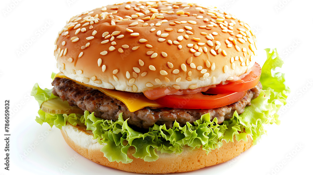 A juicy hamburger, isolated on a white background, ideal for advertising or website use. Its enticing appearance and vibrant colors make it a perfect choice to grab attention and entice customers. A juicy hamburger, isolated on a white background, ideal for advertising or website use. Its enticing appearance and vibrant colors make it a perfect choice to grab attention and entice customers.