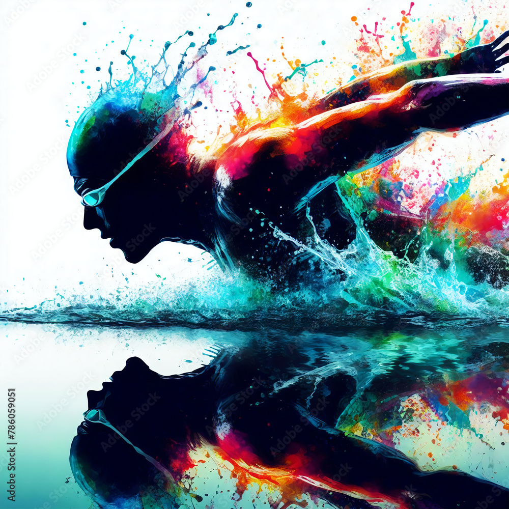 Obraz premium silhouette of man sport swimmer swimming splash color paint and white background 