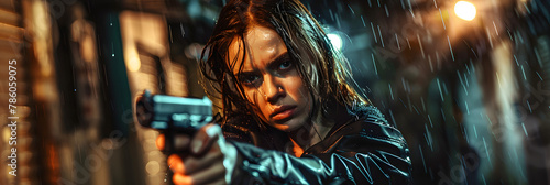 Young woman in black jacket points gun in rain, police officer or killer holding weapon at night. Female detective with pistol on dark street. Concept of spy, 