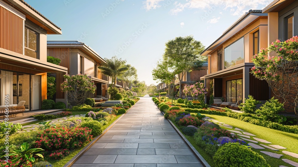 A row of houses with a walkway in between them. The walkway is lined with flowers and trees. generative ai illustration.