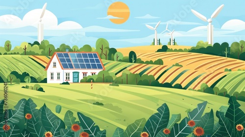A tranquil countryside scene with a farmhouse nestled amidst fields of crops, its energy needs met by a combination of solar and wind power. photo