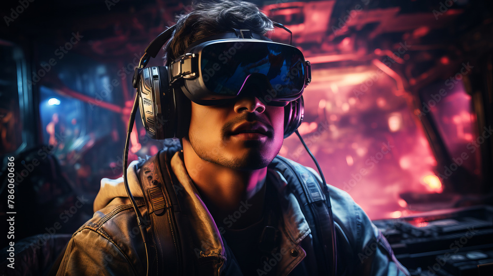 Immersive Gaming Adventure: A person wearing a VR headset and controllers, fully engaged in an immersive gaming experience, surrounded by virtual elements. Immersive Gaming Adventure: A person wearing a VR headset and controllers, fully engaged in an immersive gaming experience, surrounded by virtual elements.