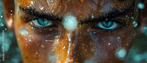 Determined Gaze of an Athlete Amidst Sweat. Concept Athlete, Determination, Sweat, Focus, Fitness photo