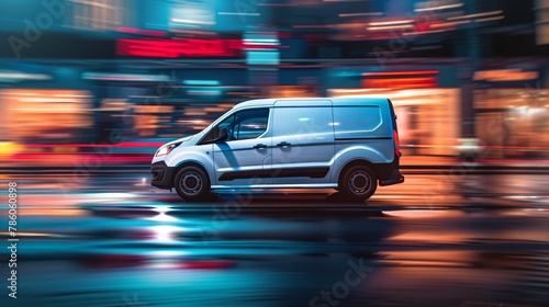 A dynamic image of a white delivery van captured in motion blur as it navigates through the city's vibrant nightlife, symbolizing fast and efficient urban logistics and delivery services
