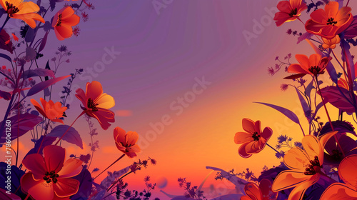 Vibrant orange  red florals mimic twilight sky on dusky purple for natural art.