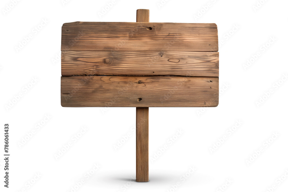 A wooden sign with a post is on a white background A wooden sign with a post is on a white background