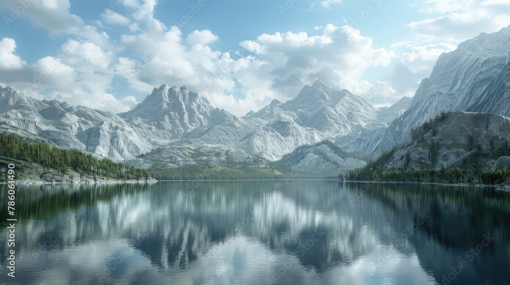 A serene mountain lake nestled beneath towering peaks, its tranquil waters reflecting the surrounding landscape like a mirror of nature's majesty.