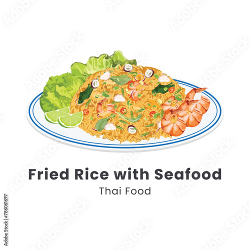 Hand drawn vector illustration of Fried Rice with Seafood Thai food