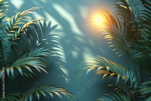 Sun Shines Through Palm Tree Leaves. Generative AI