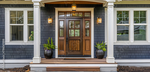 A large house with a wooden front door and a porch photo