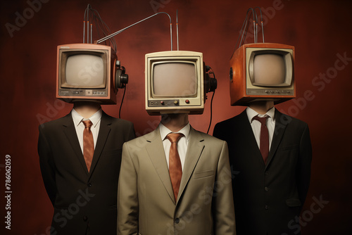 People with television heads and human bodies totally adducted by the news and TV programs in a surreal world.