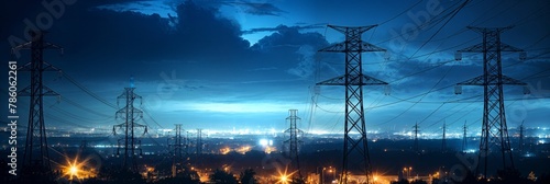 Power Grid at Blue Hour: High Voltage Towers Distributing Electricity to Urban Areas, Electric Tower Silhouetted Against Night Sky with City Lights