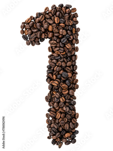 Number 1 made from roasted coffee beans on white isolated background. © puhimec