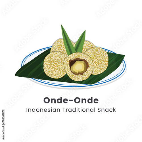 Vector illustration indonesian traditional cakes ondeonde or sesame seed ball