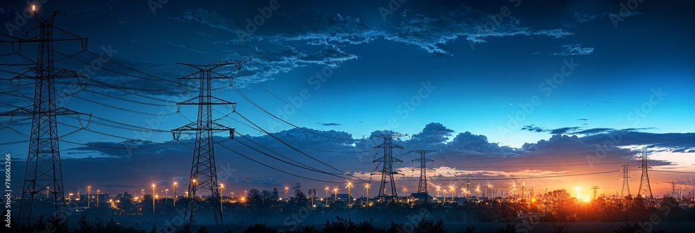Power Grid at Blue Hour: High Voltage Towers Distributing Electricity to Urban Areas, Electric Tower Silhouetted Against Night Sky with City Lights