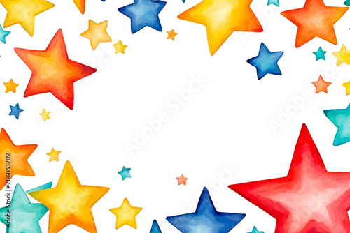 Colorful stars of different shape banner frame   text template copy space in center  for logo message input  watercolor illustration  graphic overlay design element  surrounding