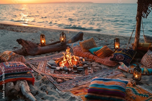A Boho-style beach bonfire with colorful blankets, floor cushions, and driftwood seating, perfect for gathering around the fire and enjoying the sunset with friends