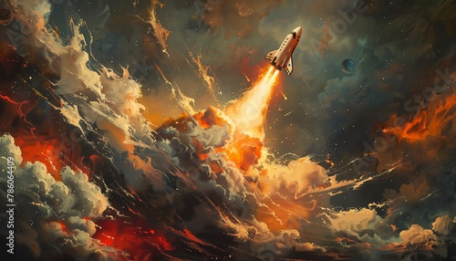 Craft a traditional oil painting of a rocket leaving Earth from a rear view perspective, symbolizing the rewarding journey of investing wisely Show intricate details in the swirls of smoke and flames photo