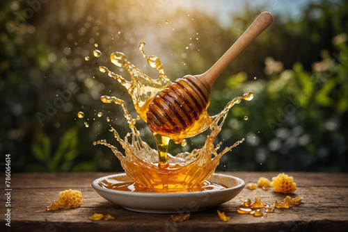 Honey dripping from honey dipper with splash ai generated. Honey with honeycomb on wooden table in a garden. Generative AI