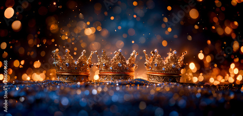 Three golden crowns are on a blue background with a lot of sparkles