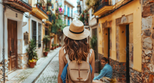 A woman wearing a straw hat and carrying a backpack walks down a narrow street