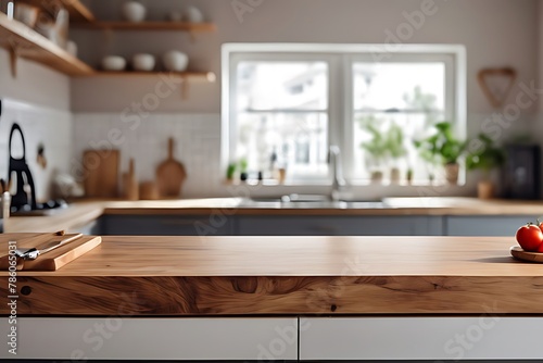 A blurred contemporary kitchen interior with light wood cabinets and a counter © Ayahe