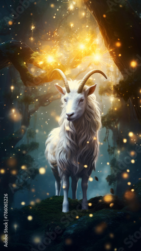 A mythical white goat stands amidst a mystical forest glade with sparkling lights around. Magic animals concept