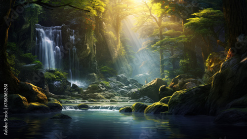 Shafts of sunlight pierce through an ethereal morning forest canopy to illuminate a moss covered waterfall and mountain lake. Beauty of nature concept