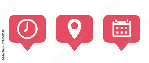 Time, address, and date icon on red speech bubble