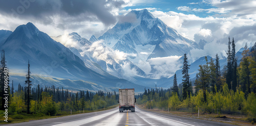 A truck is driving down a road in front of a mountain range photo