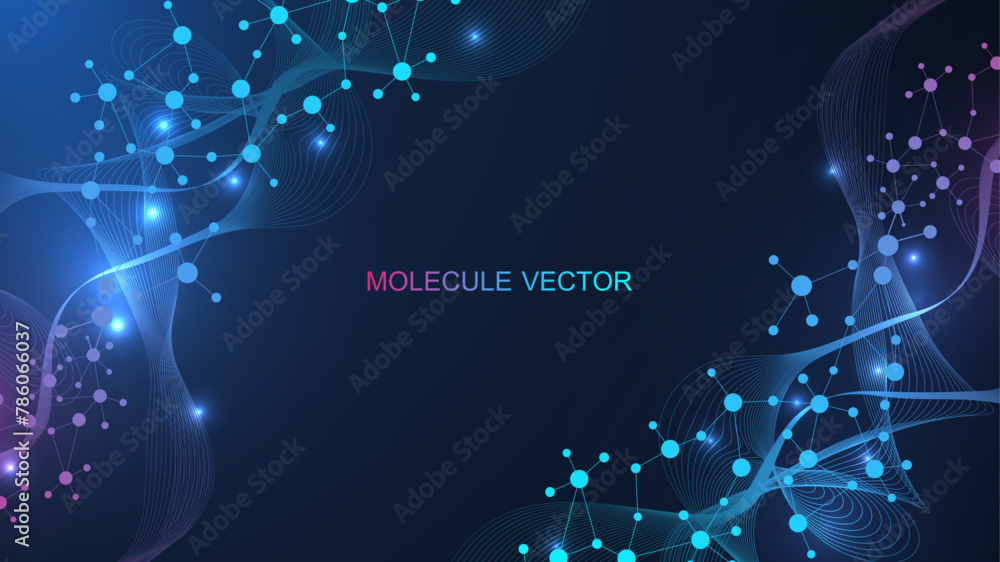 Modern abstract molecules structure for science or medical background. DNA helix or atom visualization. Molecular wave flow abstract background. Vector illustration - obrazy, fototapety, plakaty 