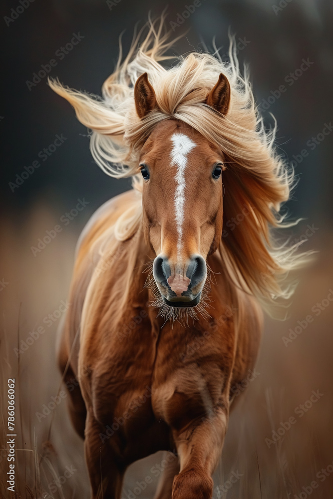 A majestic wild horse with a flowing mane, photo realistic in the style of macro photography, close up, motion blur, high speed shutter, dynamic pose, national geographic style