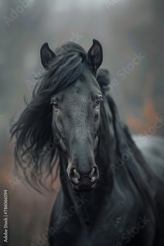 A majestic wild horse with a flowing mane, photo realistic in the style of macro photography, close up, motion blur, high speed shutter, dynamic pose, national geographic style © AY AGENCY