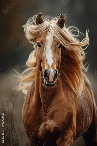A majestic wild horse with a flowing mane, photo realistic in the style of macro photography, close up, motion blur, high speed shutter, dynamic pose, national geographic style