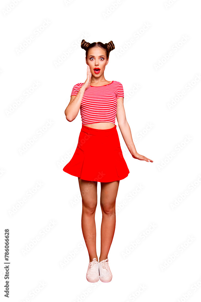 Great sale! Total discount! Full-length body vertical portrait of cute and joyful girl with open red mouth, shocked by great news isolated on red vivid background Great sale! Total discount! Full-length body vertical portrait of cute and joyful girl with open red mouth, shocked by great news isolated on red vivid background