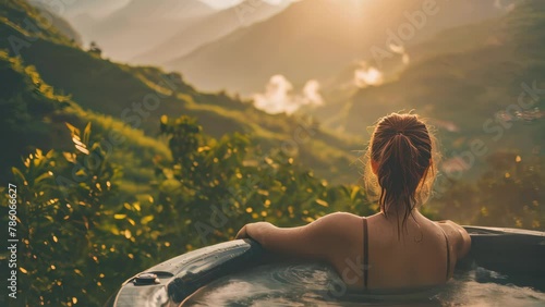Young woman relaxing at hot tub in ocean background. photo