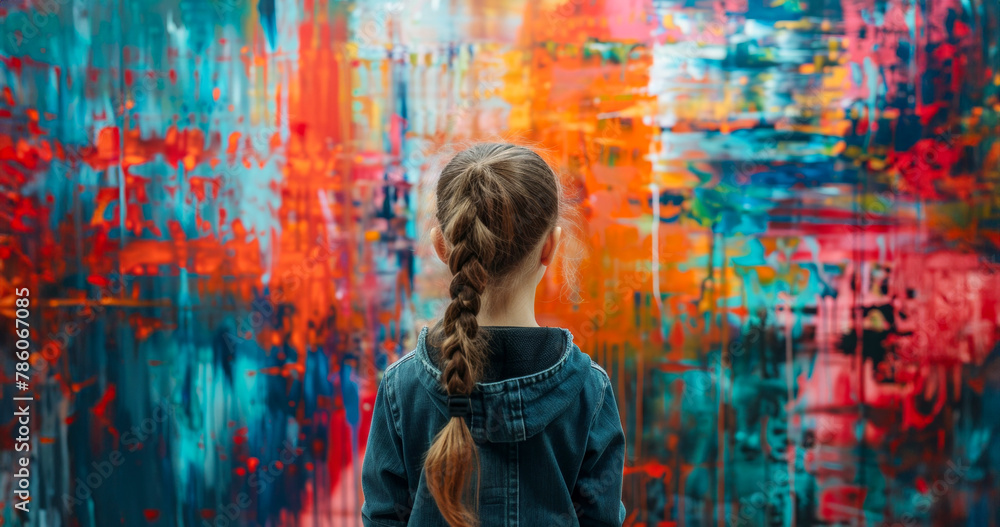 A girl with a ponytail stands in front of a colorful painting